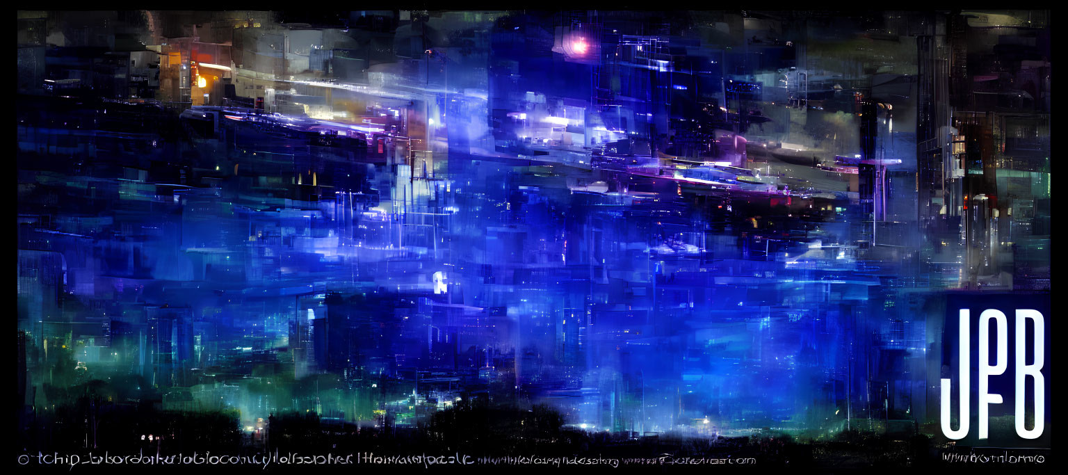 Vibrant blue cityscape digital art with dynamic brushstrokes