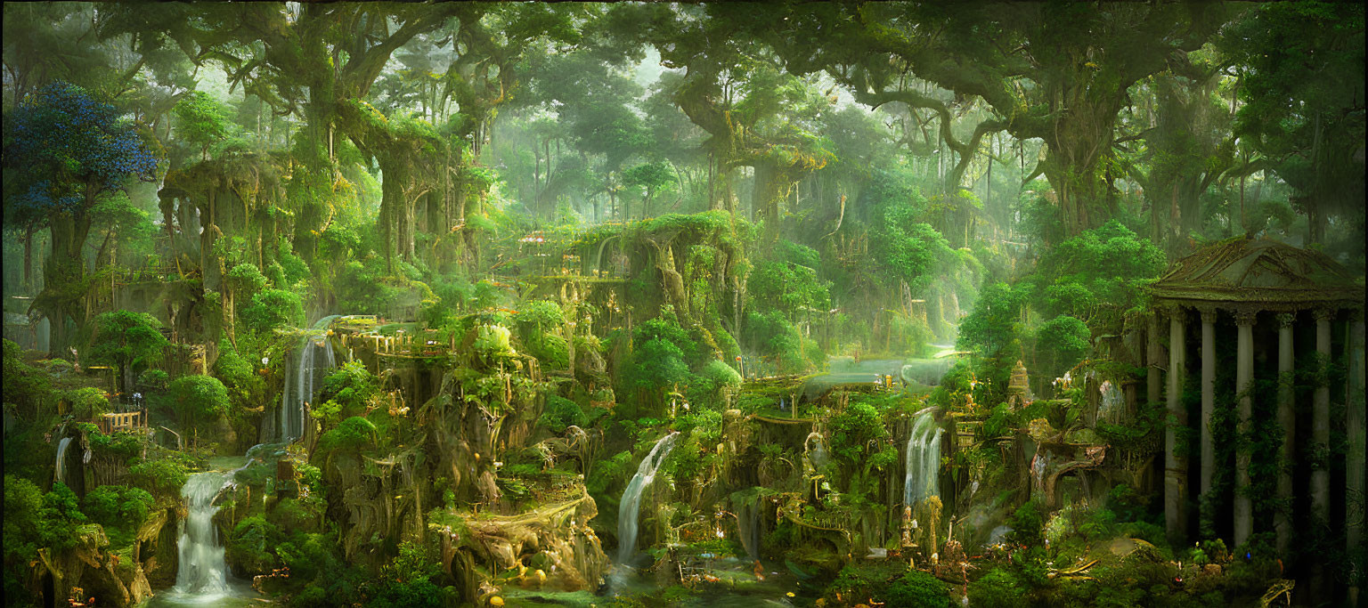 Majestic enchanted forest with ancient ruins and waterfalls