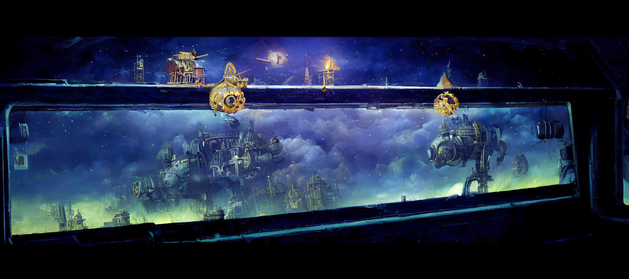 Panoramic view of steampunk space scene with floating ships and structures