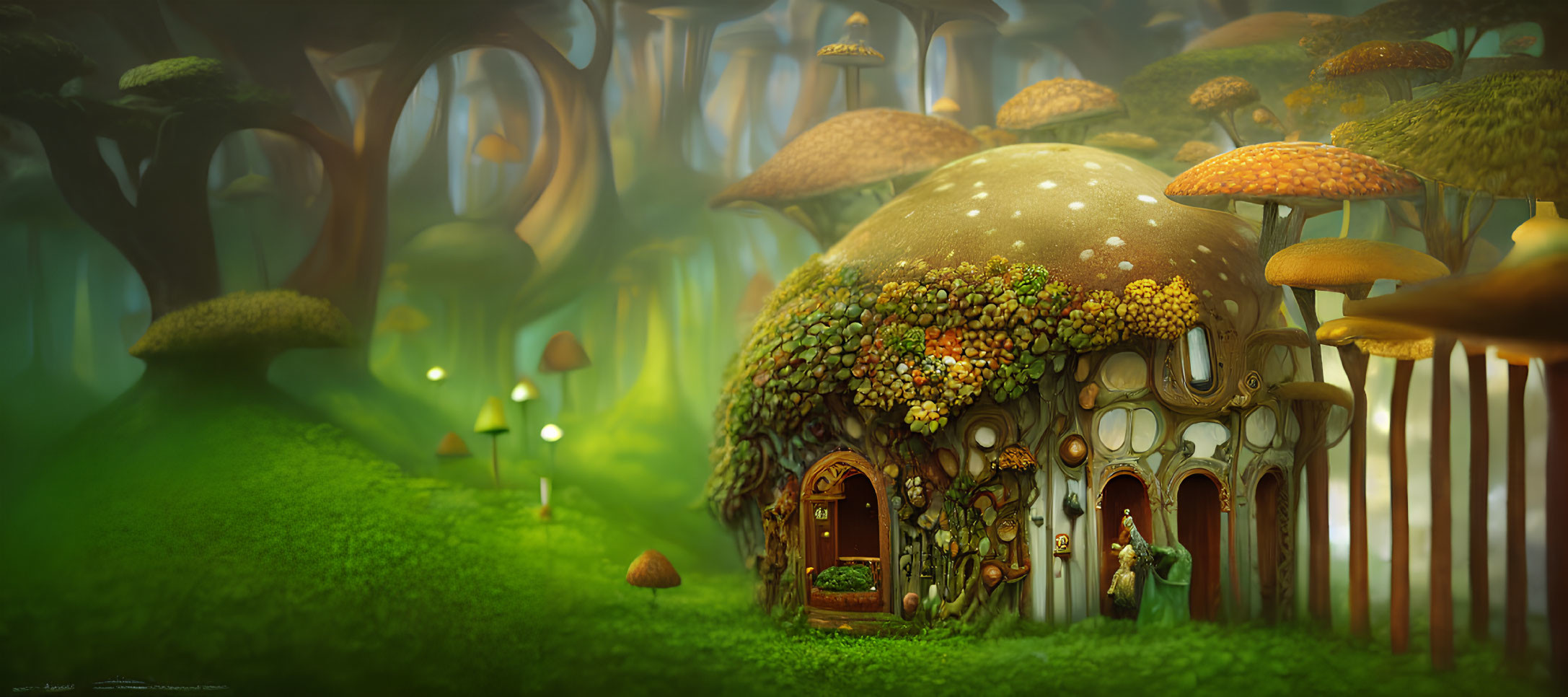 Enchanted forest scene with whimsical mushroom house