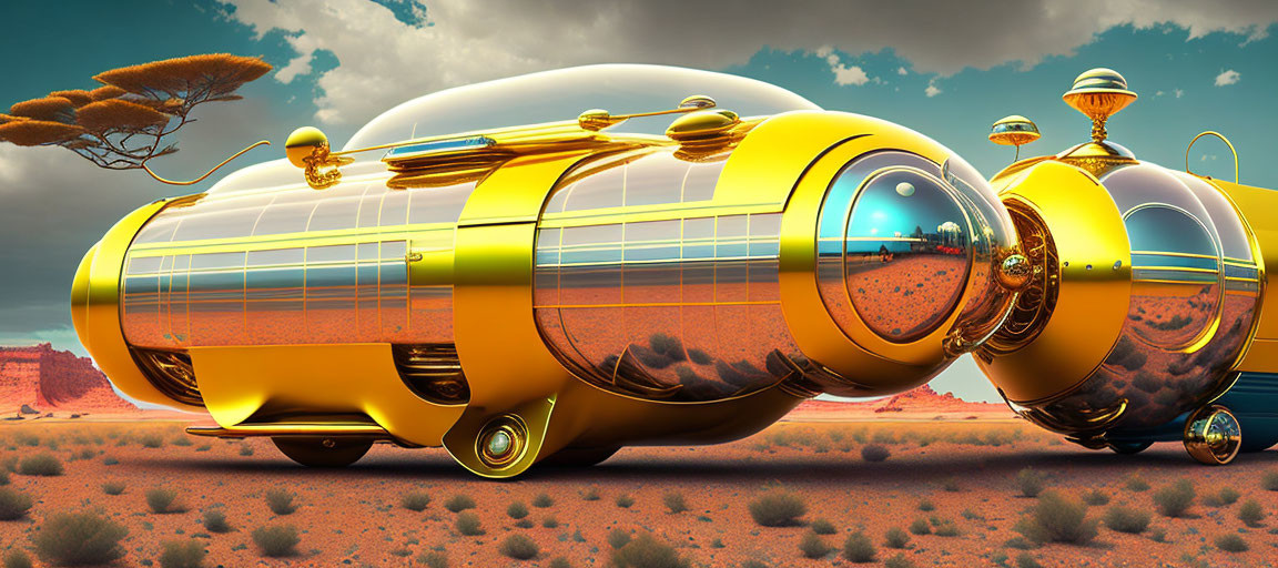 Golden spherical vehicle in desert with panoramic windows.