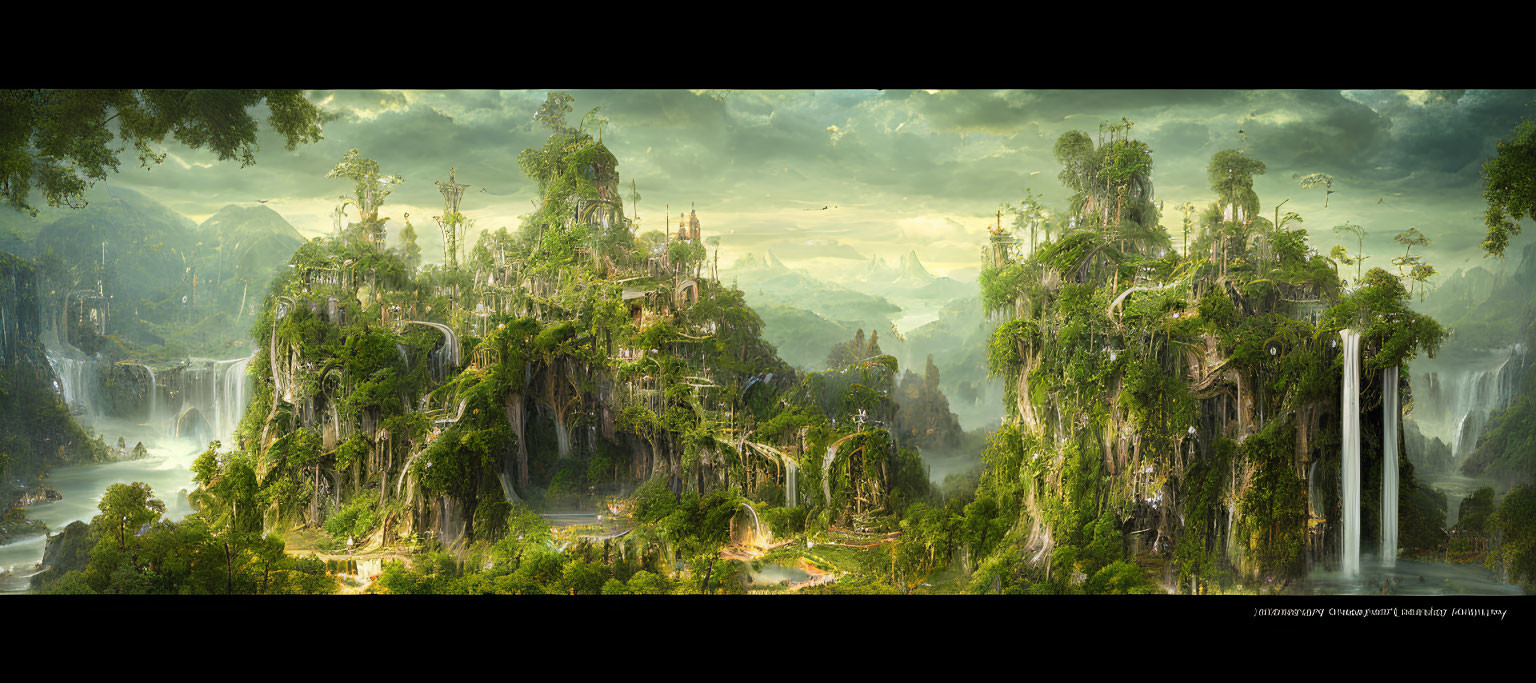 Verdant landscape with towering waterfalls and ancient tree-dominated structures