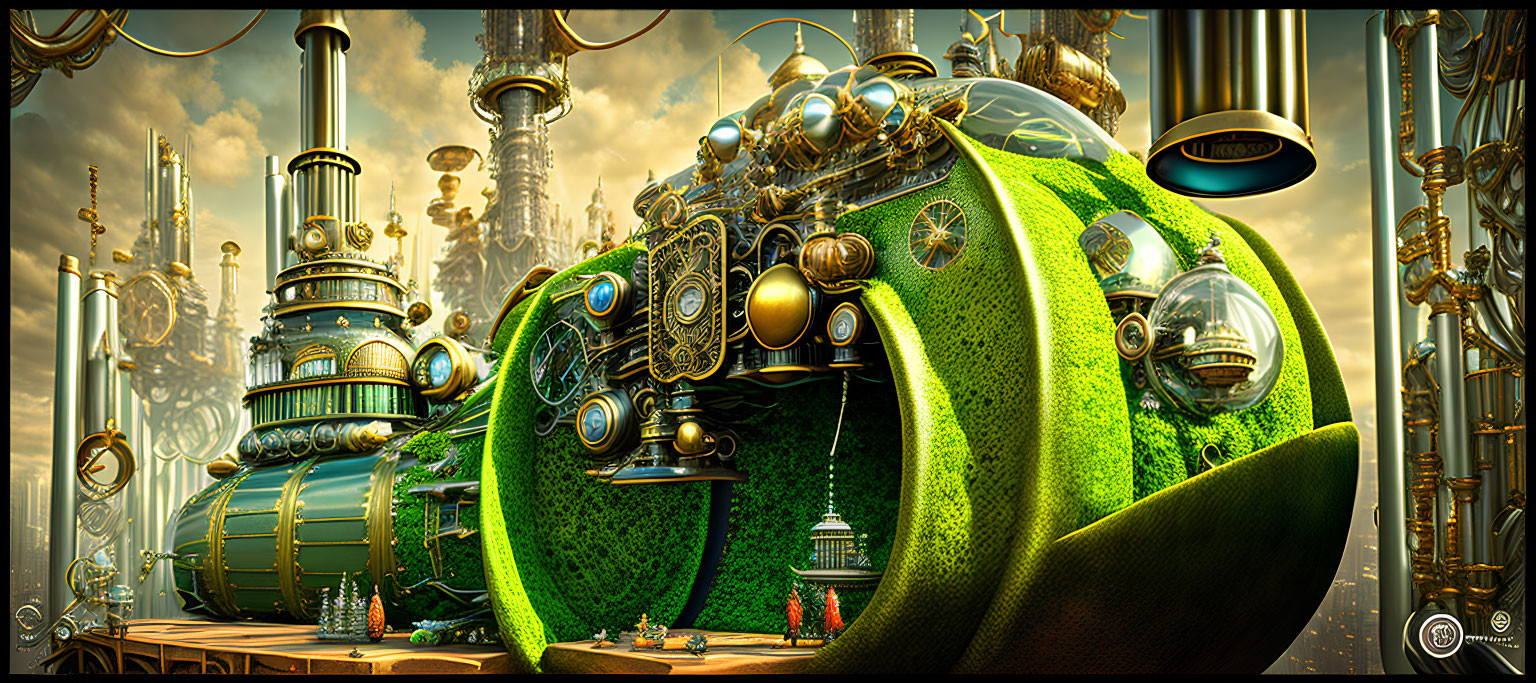 Detailed Futuristic Cityscape with Metallic Towers and Green Spherical Structure