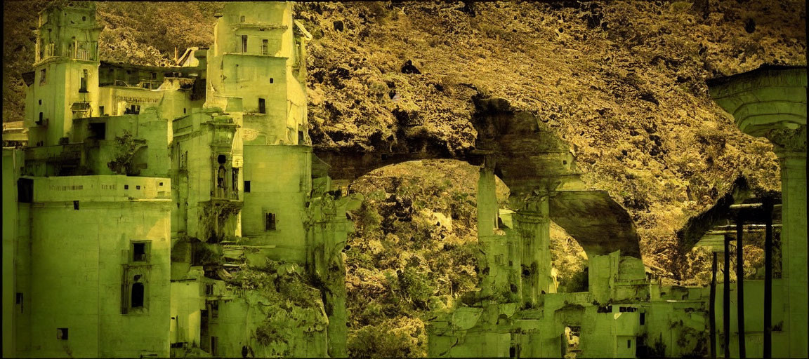 Sepia-Toned Image of Ancient Ruins on Rugged Hillside