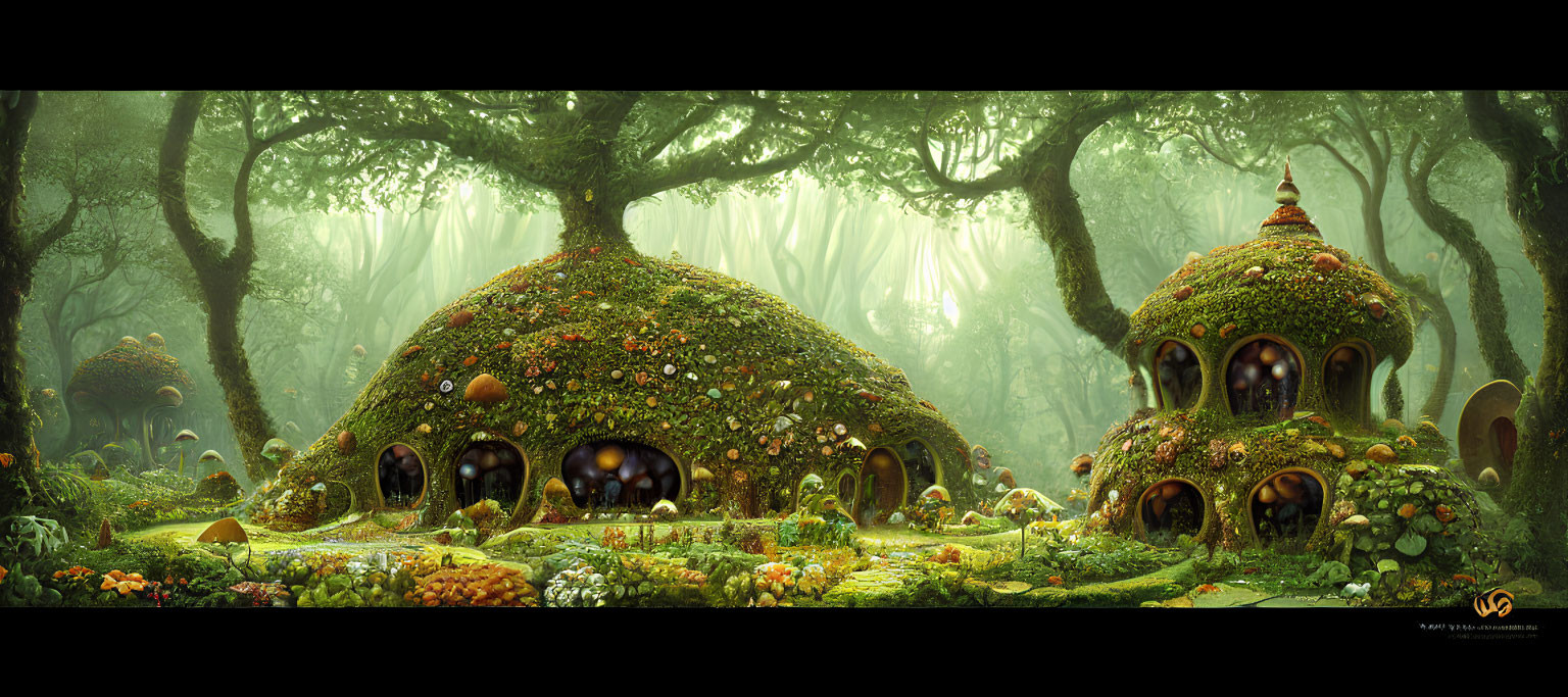 Whimsical mushroom-shaped houses in enchanted forest clearing