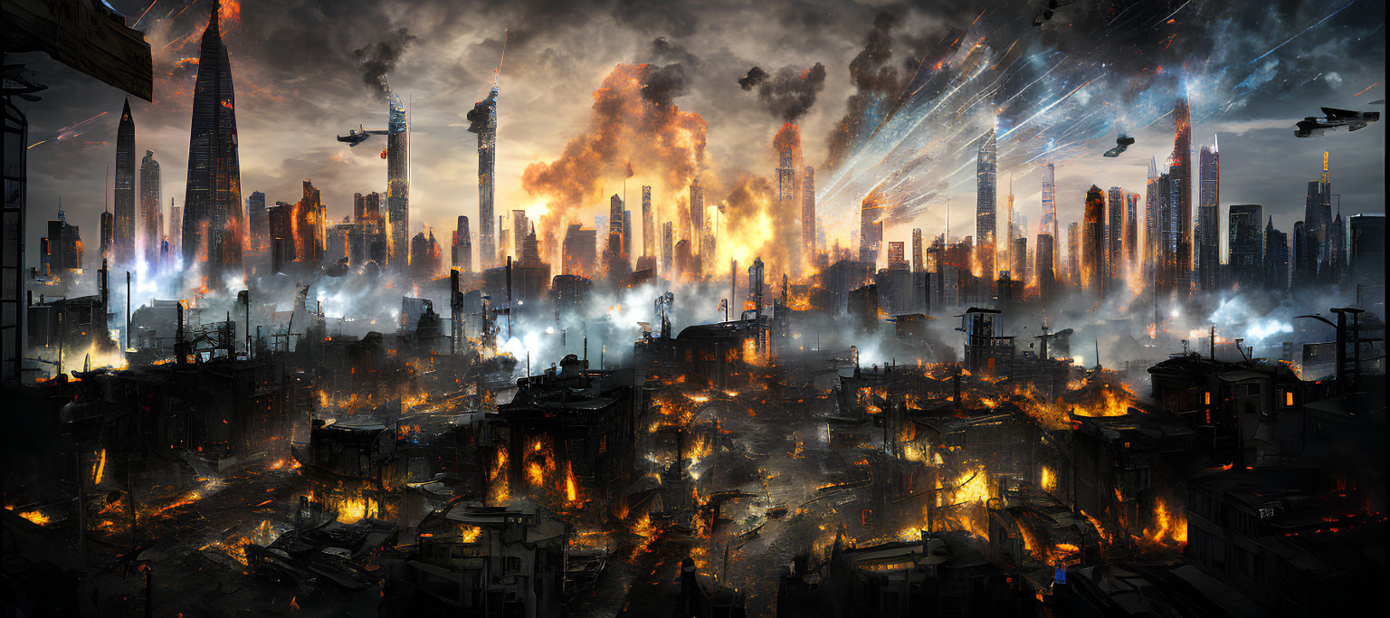 Dystopian cityscape engulfed in flames and destruction