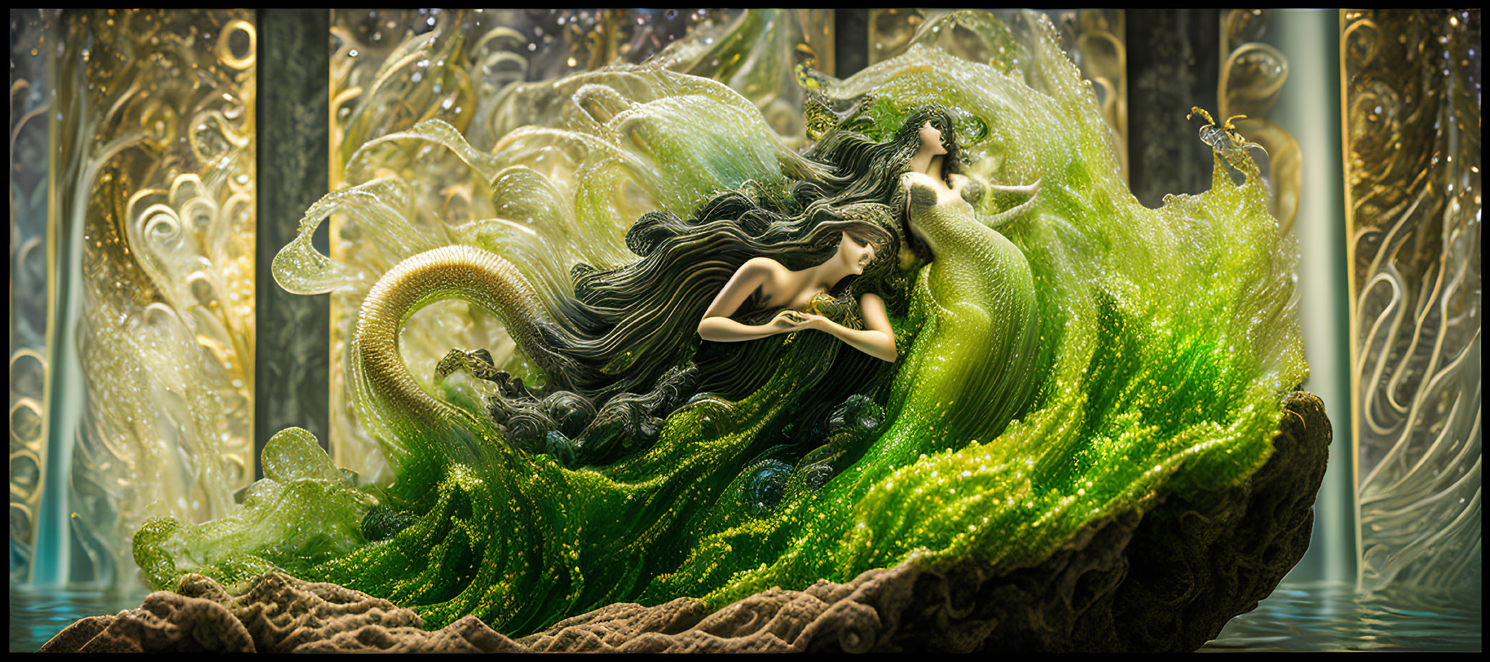 Ethereal women with wavy hair in mystical green mist.