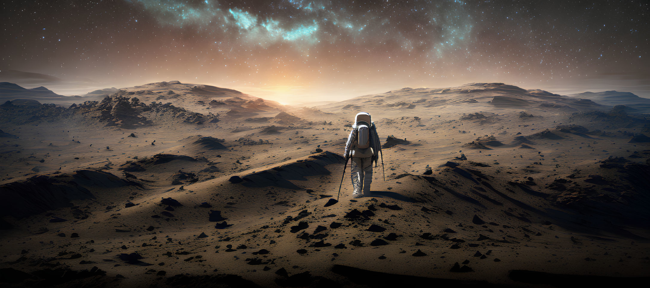 Astronaut on barren rocky landscape under starry sky.