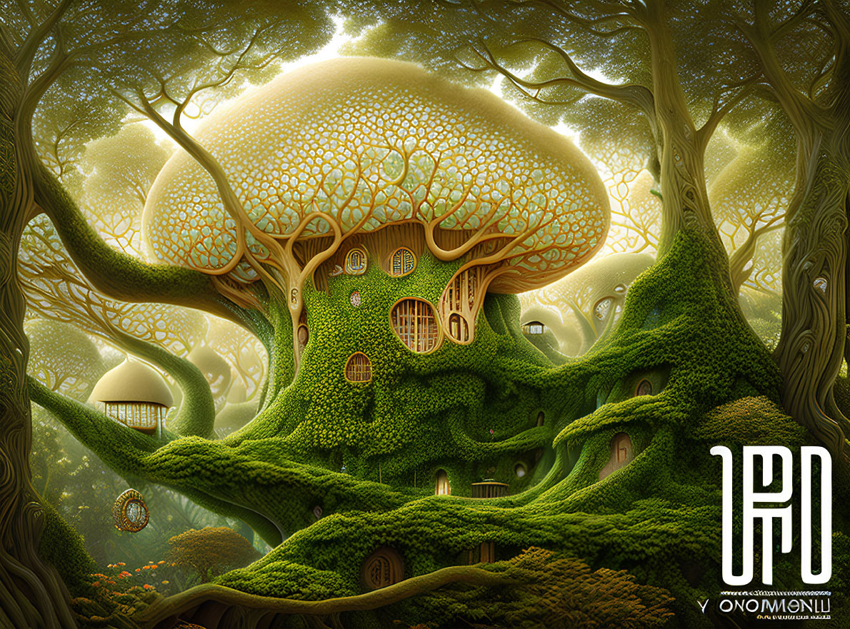 Enchanting forest scenery with mushroom-shaped treehouse