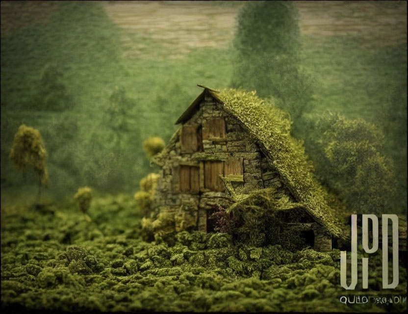 Moss-covered hut in misty green landscape