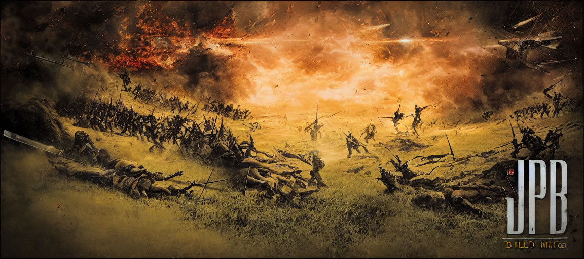 Soldiers in battle under fiery sky with explosions.