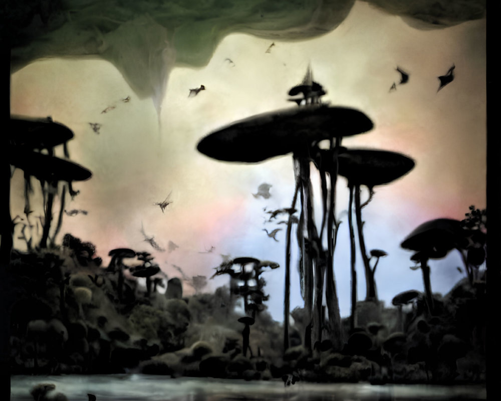 Dark surreal landscape with alien trees, murky water, flying creatures, and lone figure.