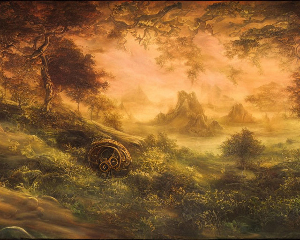 Ethereal forest landscape at dusk with golden light, abandoned wagon, mountain peaks