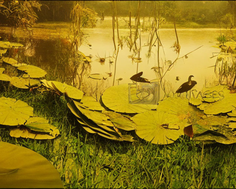 Birds perched on water lily pads in serene pond with rich vegetation and golden hue.