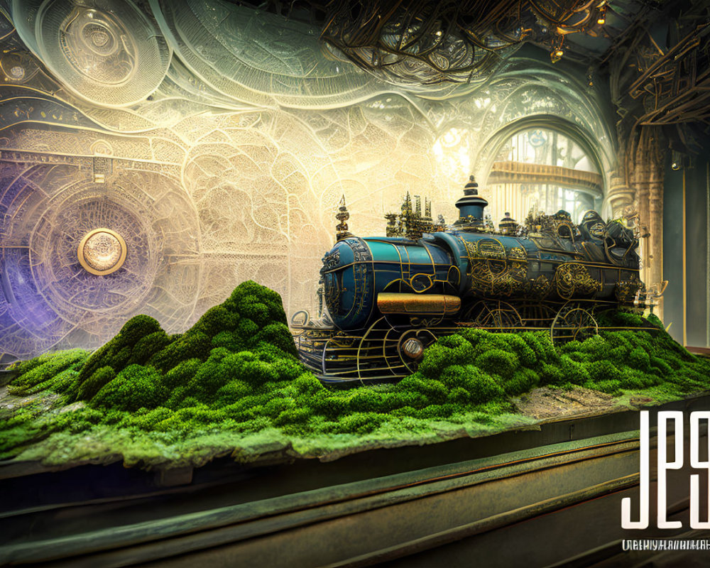 Steampunk-style train on lush greenery in ornate, mechanical station