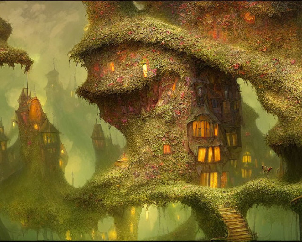 Enchanting forest with lantern-lit cottages in tree trunks