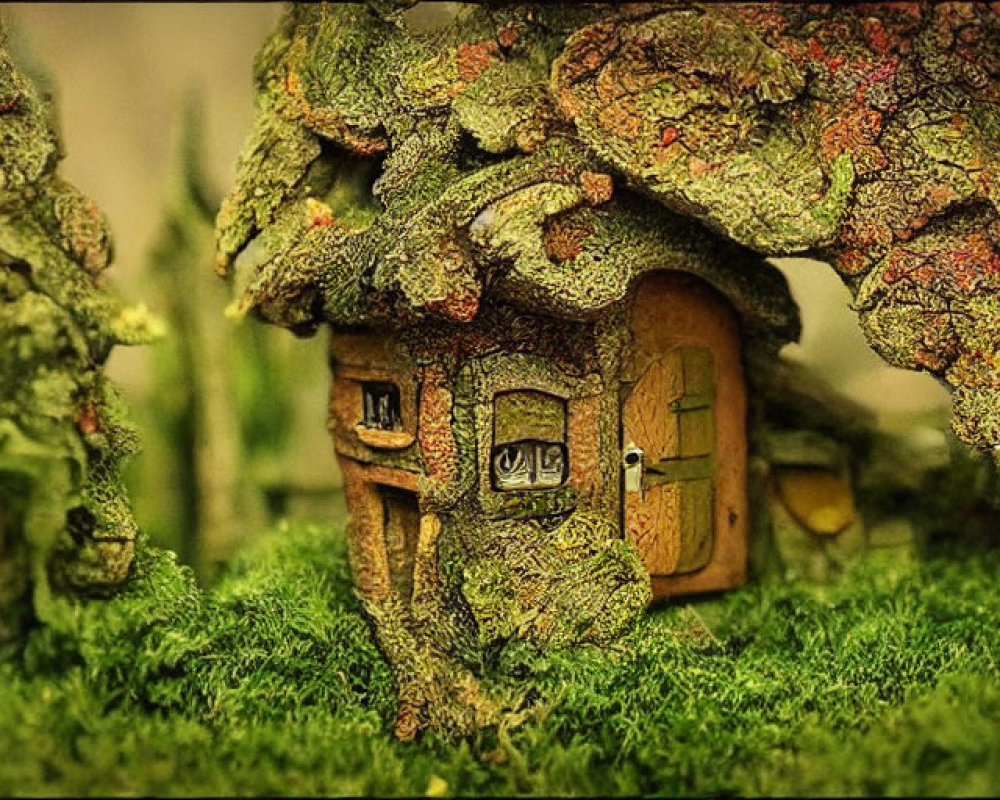 Miniature Moss-Covered Fantasy Houses Under Tree-Like Structures