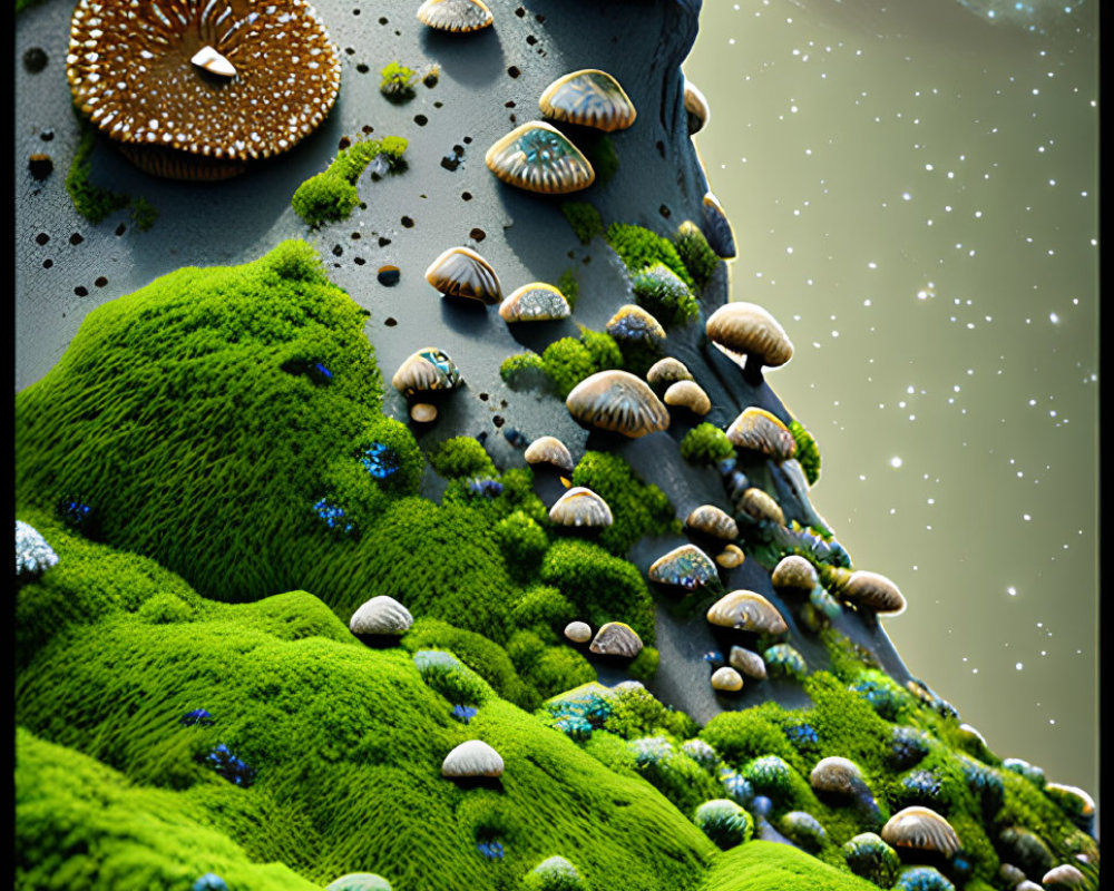 Fantastical mushroom structures on mossy terrain under starlit sky.