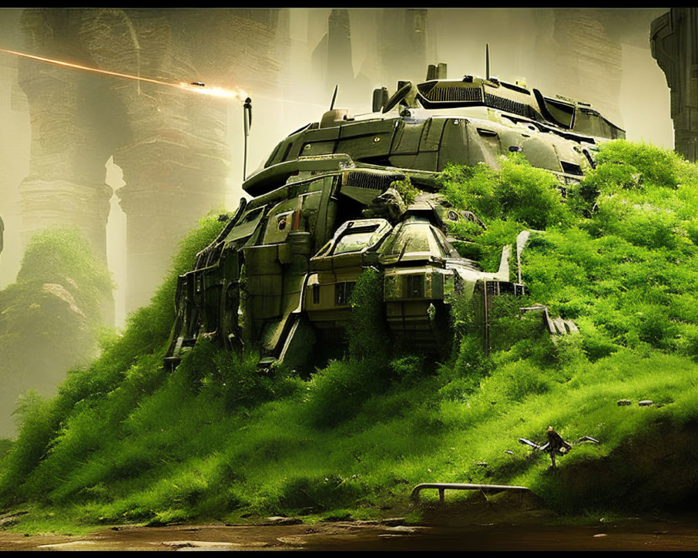 Overgrown futuristic tank in misty forest with towering structures