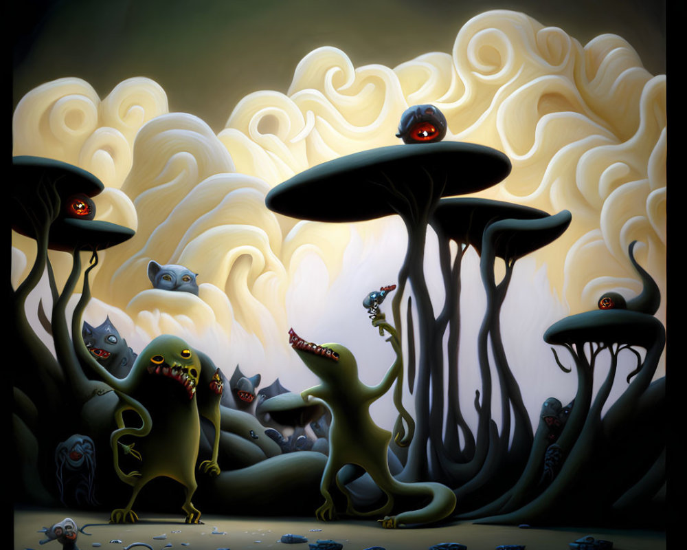 Fantastical scene with stylized creatures and towering mushrooms under creamy sky