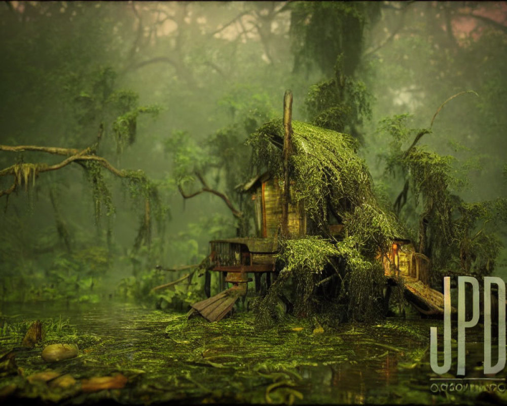 Moss-covered cabin in foggy swampy forest