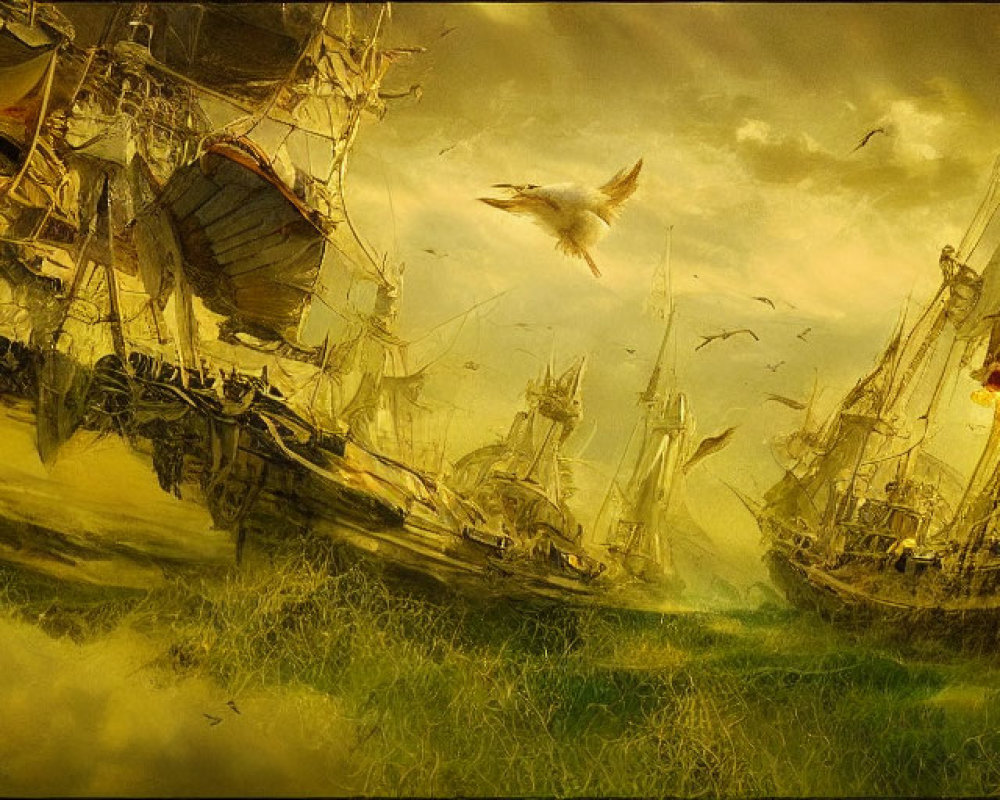 Fantastical seascape with ships and dragon in stormy golden hues