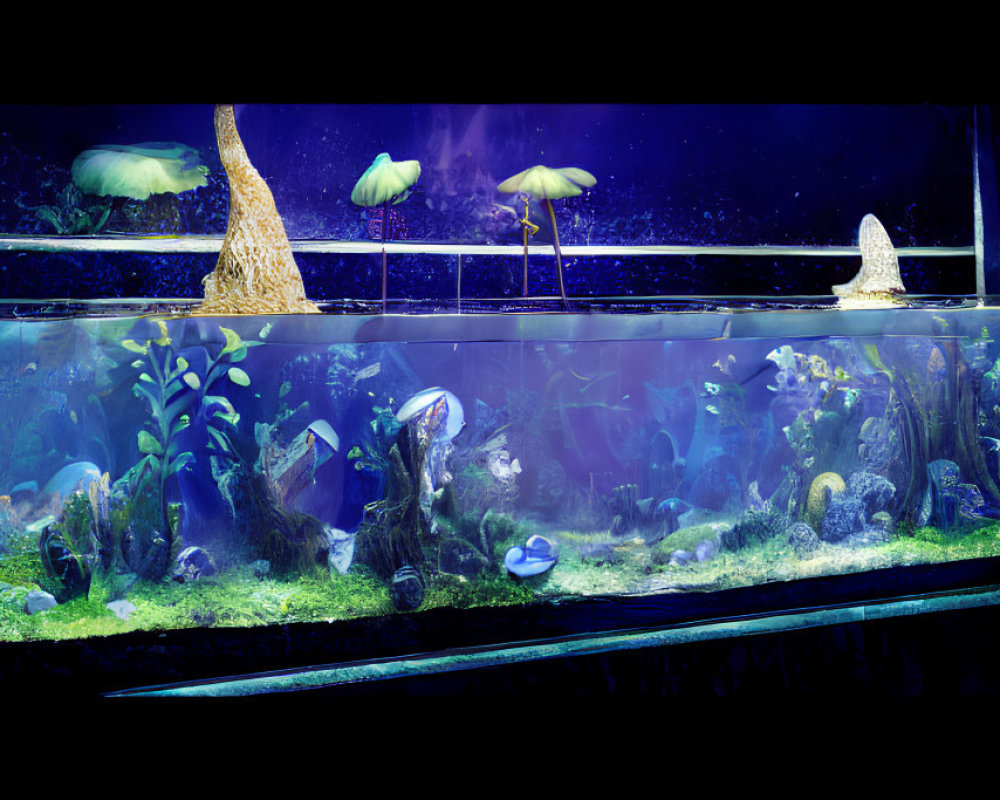 Colorful Fish and Mushroom Decor in Illuminated Aquarium