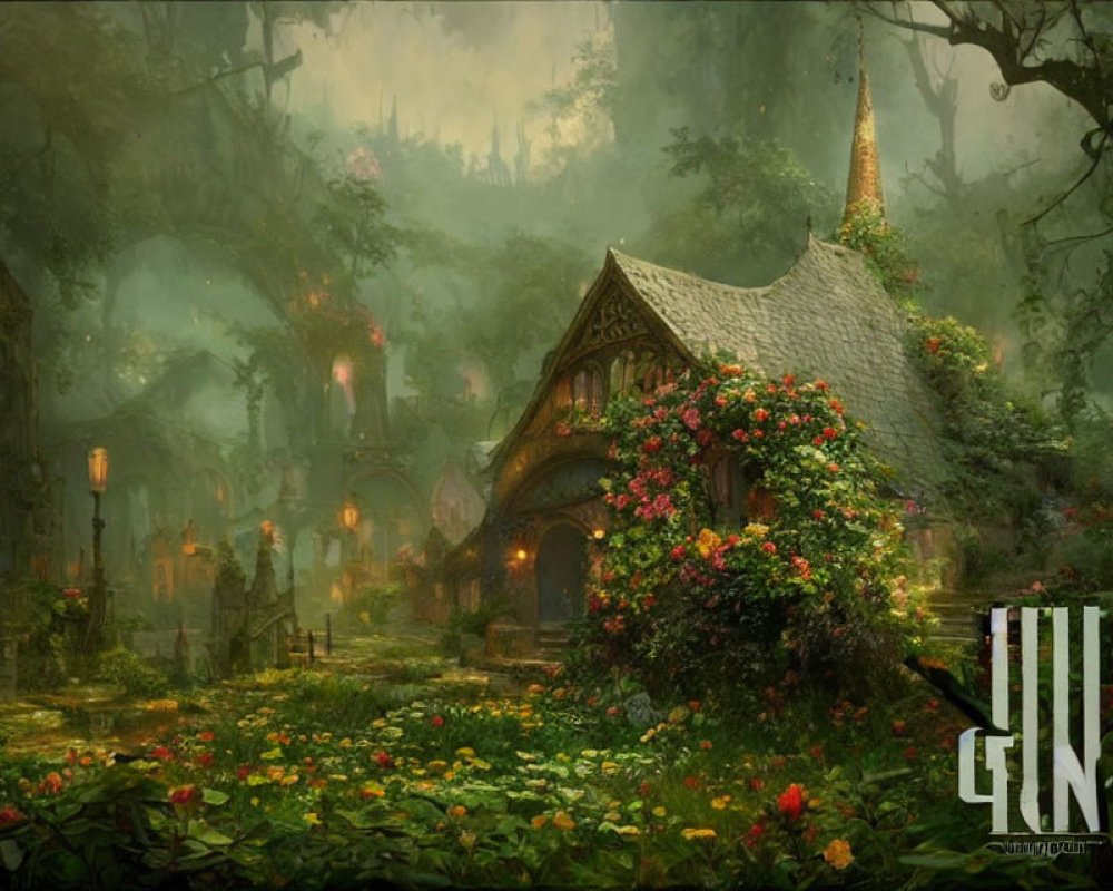 Enchanting ivy-covered cottage in mystical forest with lanterns and fog