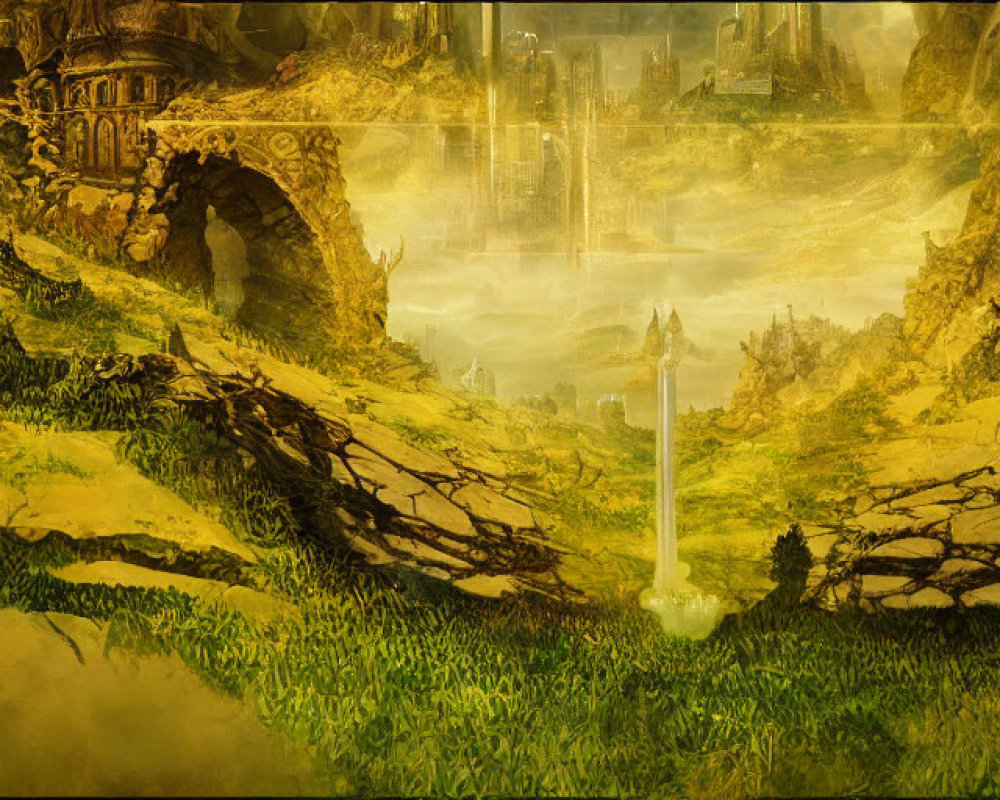 Fantastical landscape with grand canyon, waterfall, ruins, arches, & mysterious tower