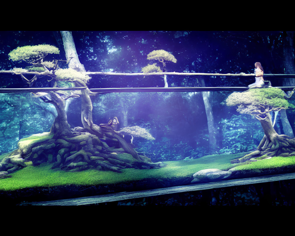 Aquarium with forest background, trees, moss, and person blending reality with fantasy.