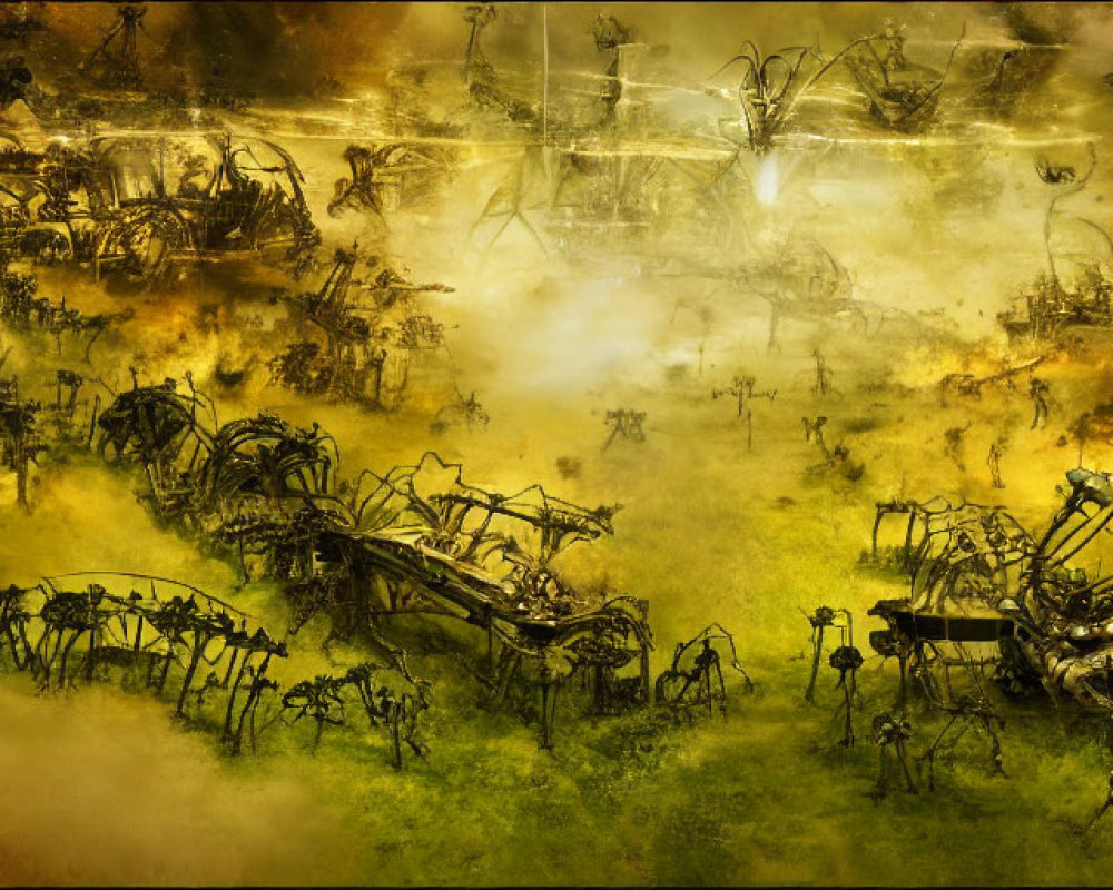 Dystopian landscape with mechanical wreckage and ruins in yellow and green haze