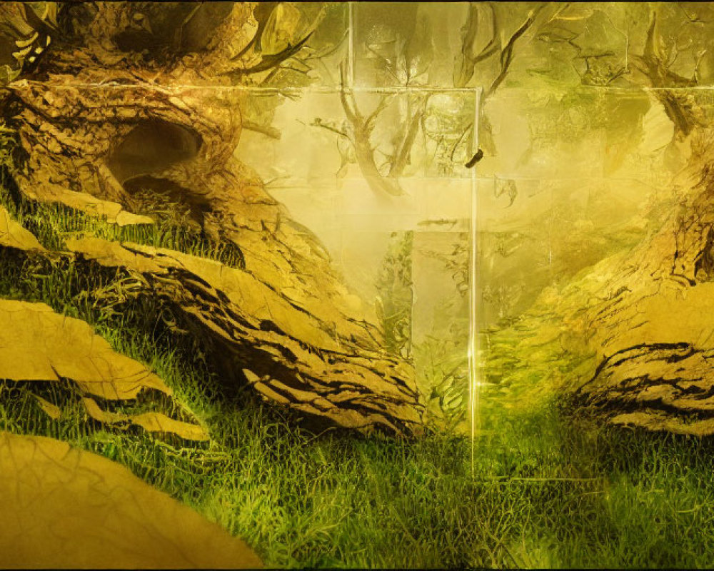 Fantastical forest scene with glowing green hue and mysterious emblem.