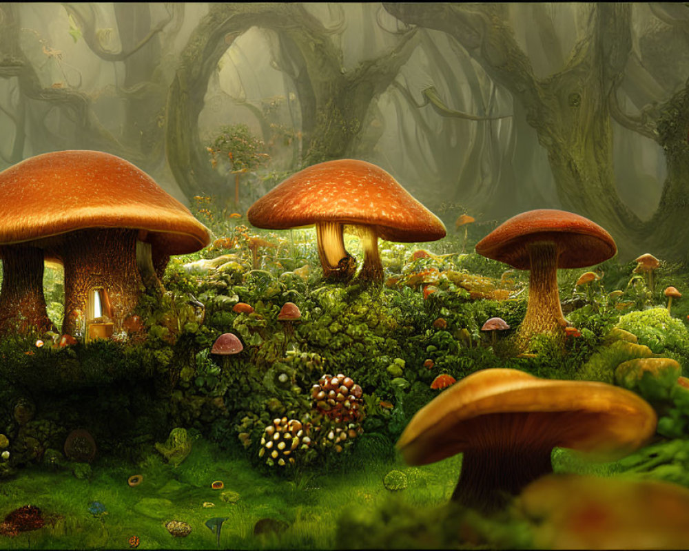 Mystical forest scene with large mushrooms and smaller fungi