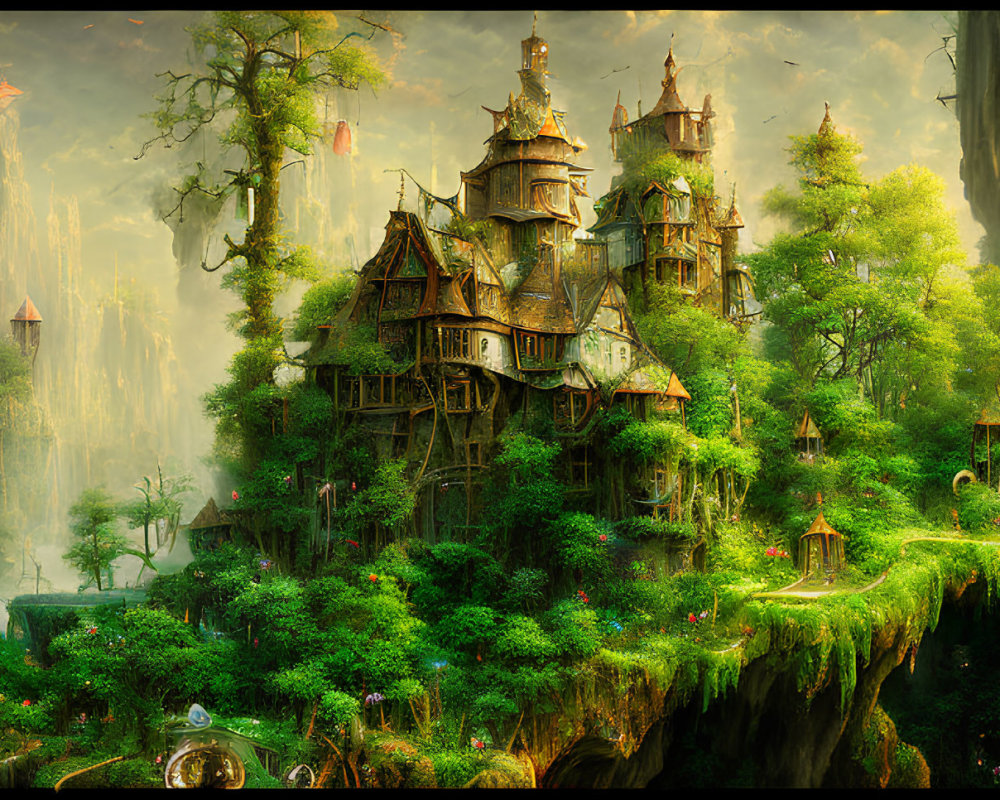 Majestic treehouse in fantasy landscape with waterfalls and lanterns