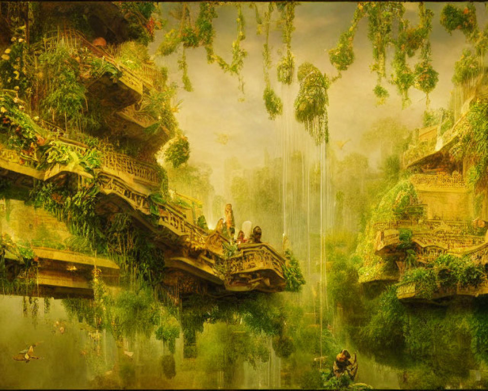 Fantasy landscape with inverted city, overgrown foliage, waterfalls, and ruins