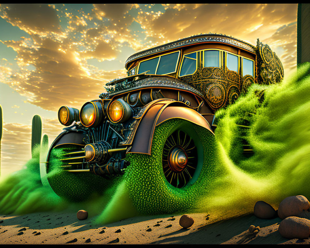 Vintage ornate car speeding through desert with tall cacti and glowing lights