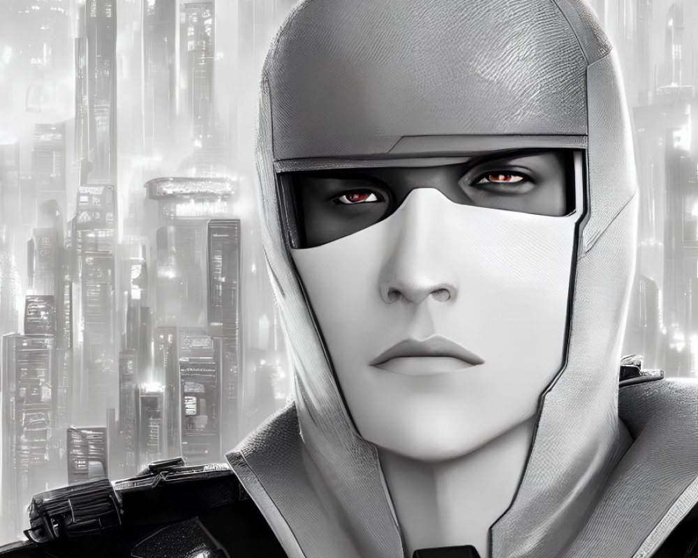 Futuristic robotic male figure with metallic helmet and visor in high-tech cityscape