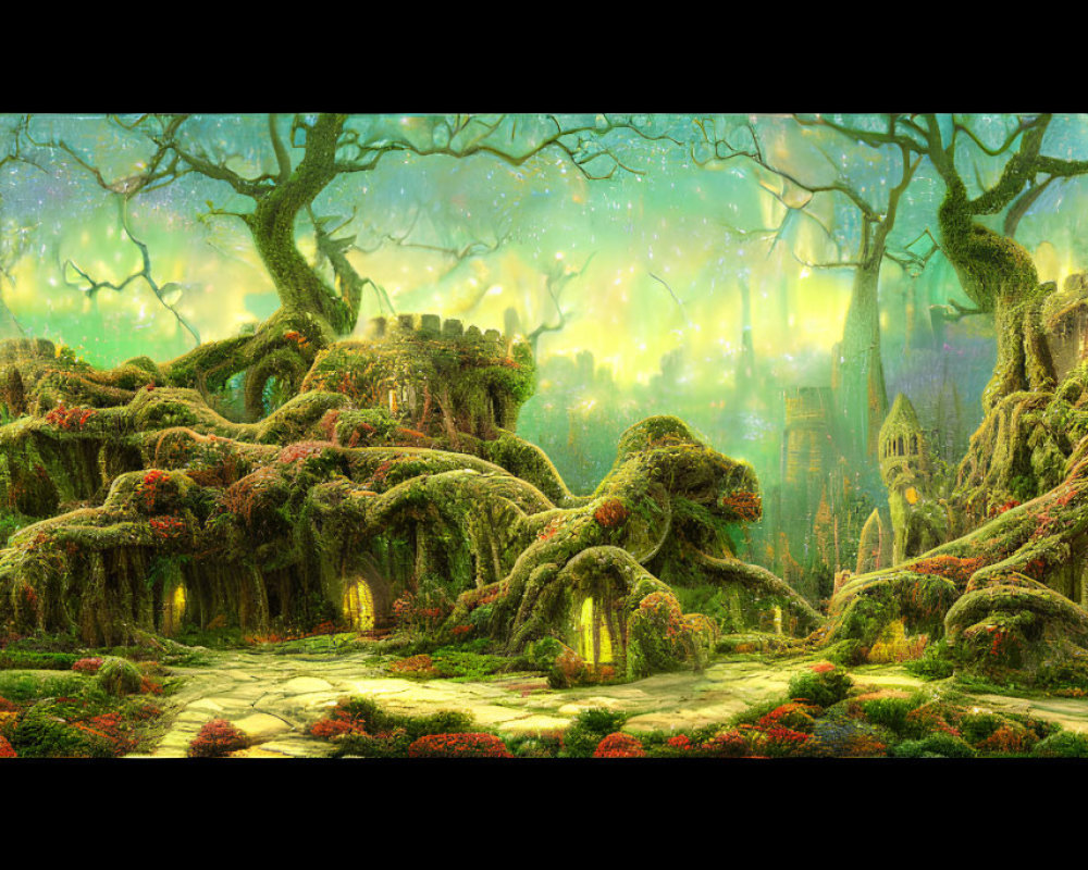 Mystical Enchanted Forest with Moss-Covered Trees and Ruins