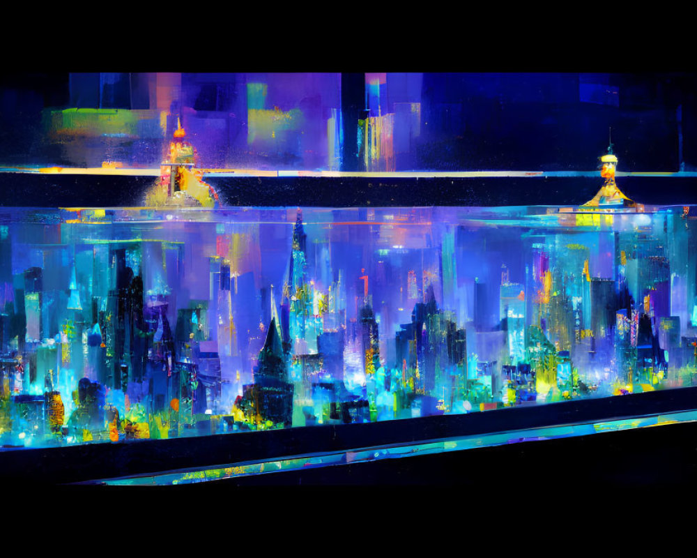 Vibrant cityscape submerged in aquarium with dynamic lighting