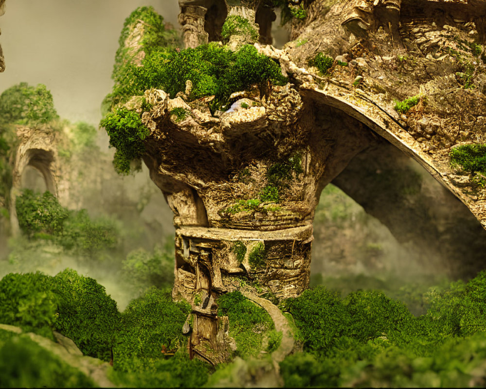 Ancient stone bridges and ruins in lush green landscape