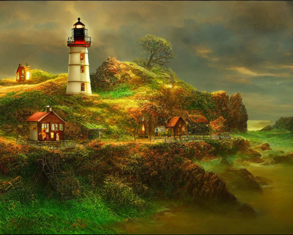 Fantastical landscape with lighthouse, cottages, stormy sky - "JPH" initials