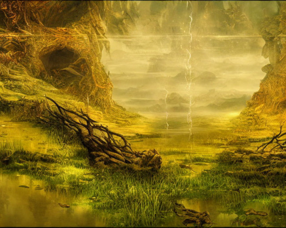 Mystical forest scene with sprawling trees and swampy landscape