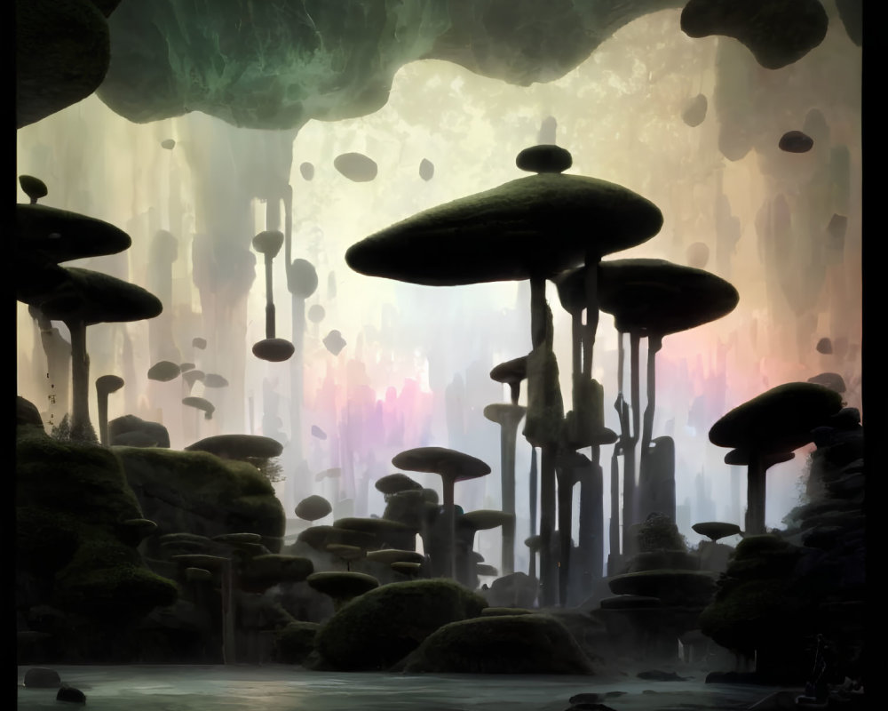 Mystical forest with towering mushroom structures and ethereal canopy.