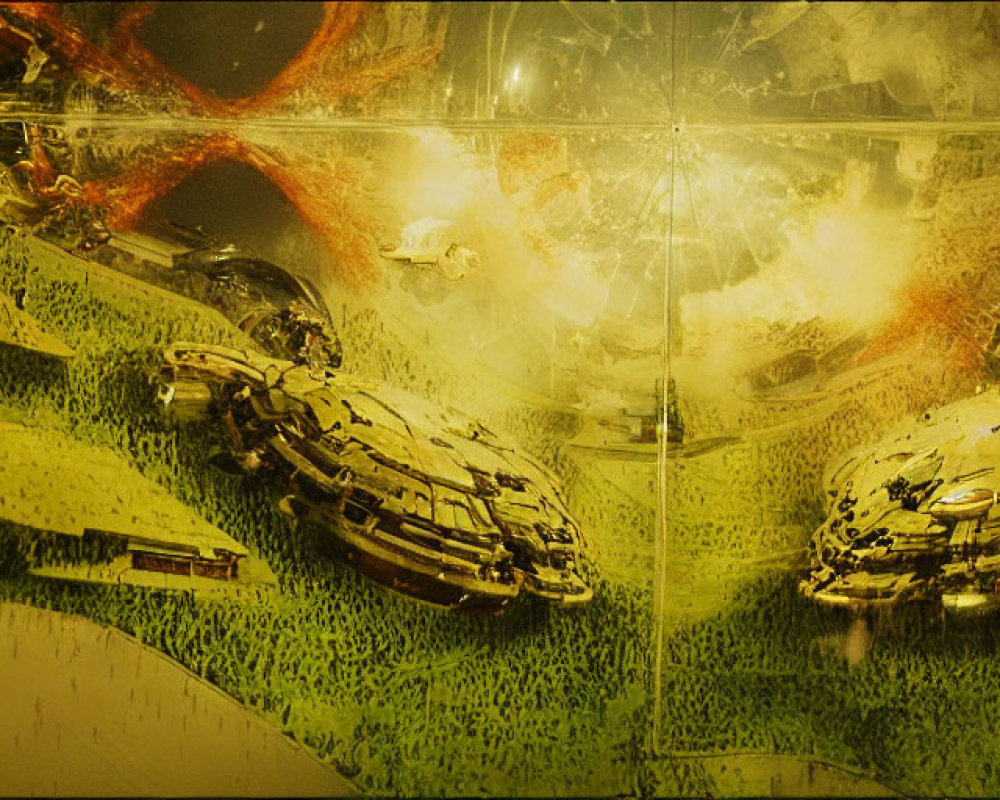 Vibrant space battle scene with exploding spacecraft and fiery debris