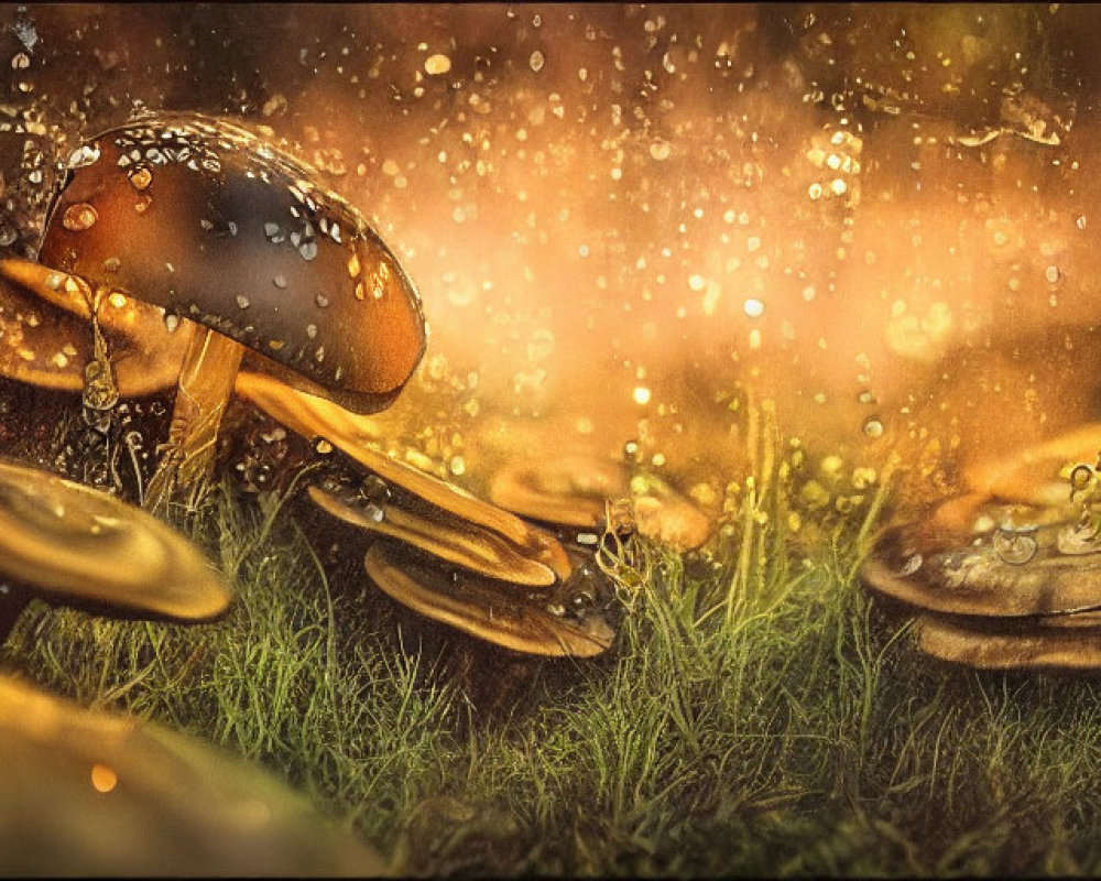 Close-up View of Mushrooms Amongst Grass with Sparkling Droplets in Warm Amber Light