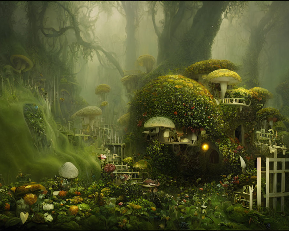 Enchanting forest scene with oversized mushrooms and fairy-tale cottage