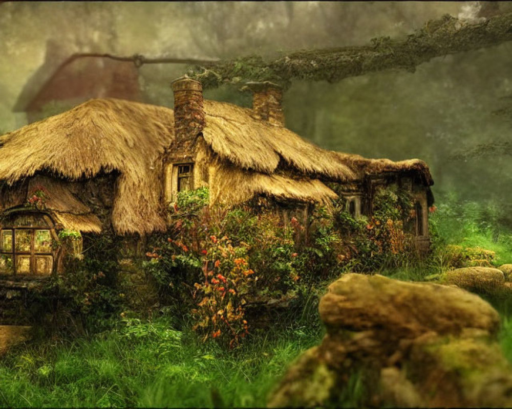 Thatched-Roof Cottage in Misty Forest Clearing