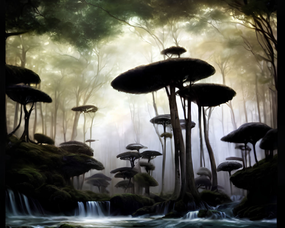 Mystical enchanted forest with oversized mushrooms and sparkling water streams