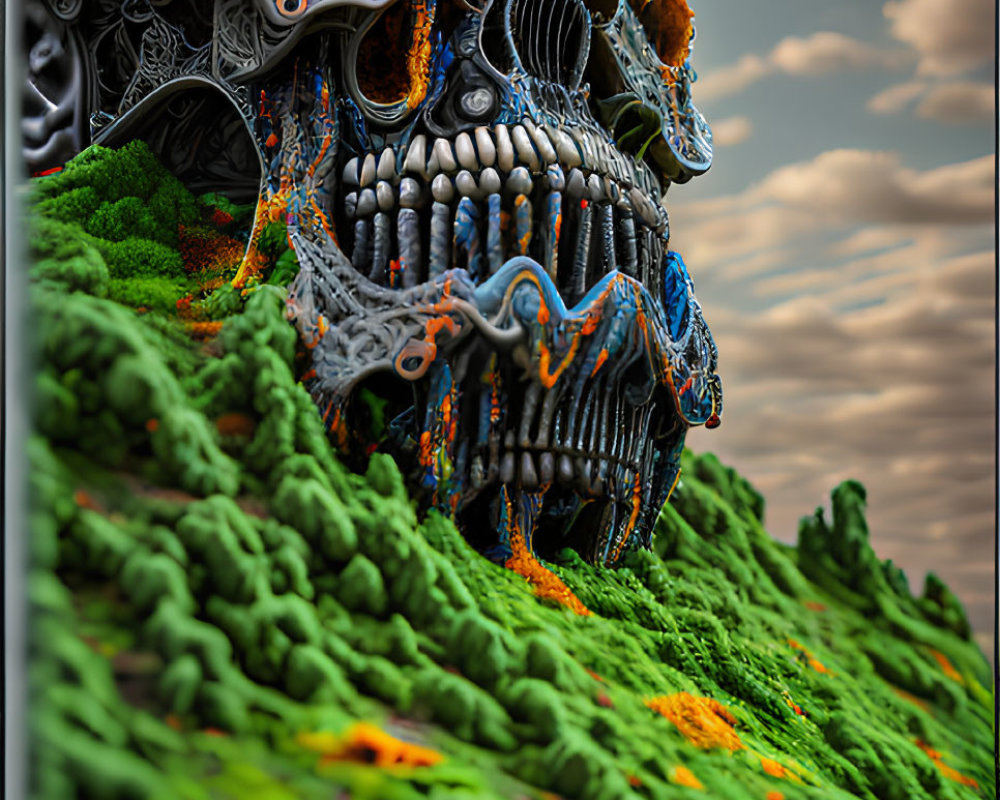 Biomechanical skull with green and orange moss textures and initials "JPB