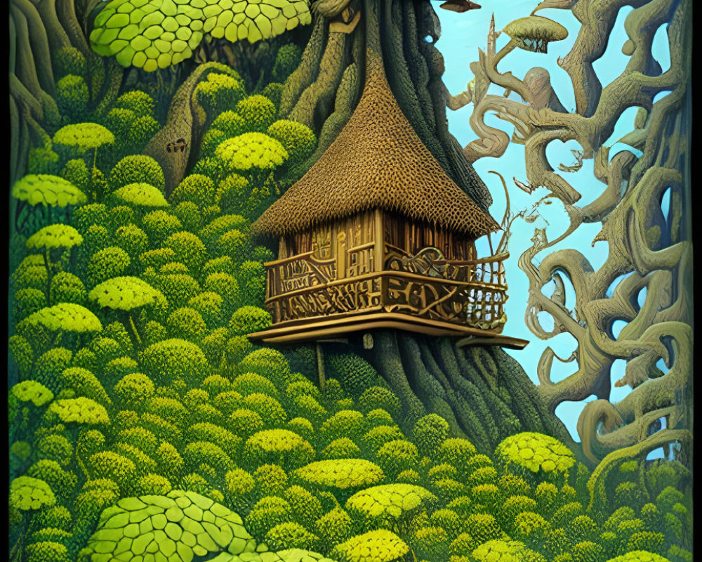 Intricate Fantasy Treehouses Among Verdant Trees and Cyrillic Text